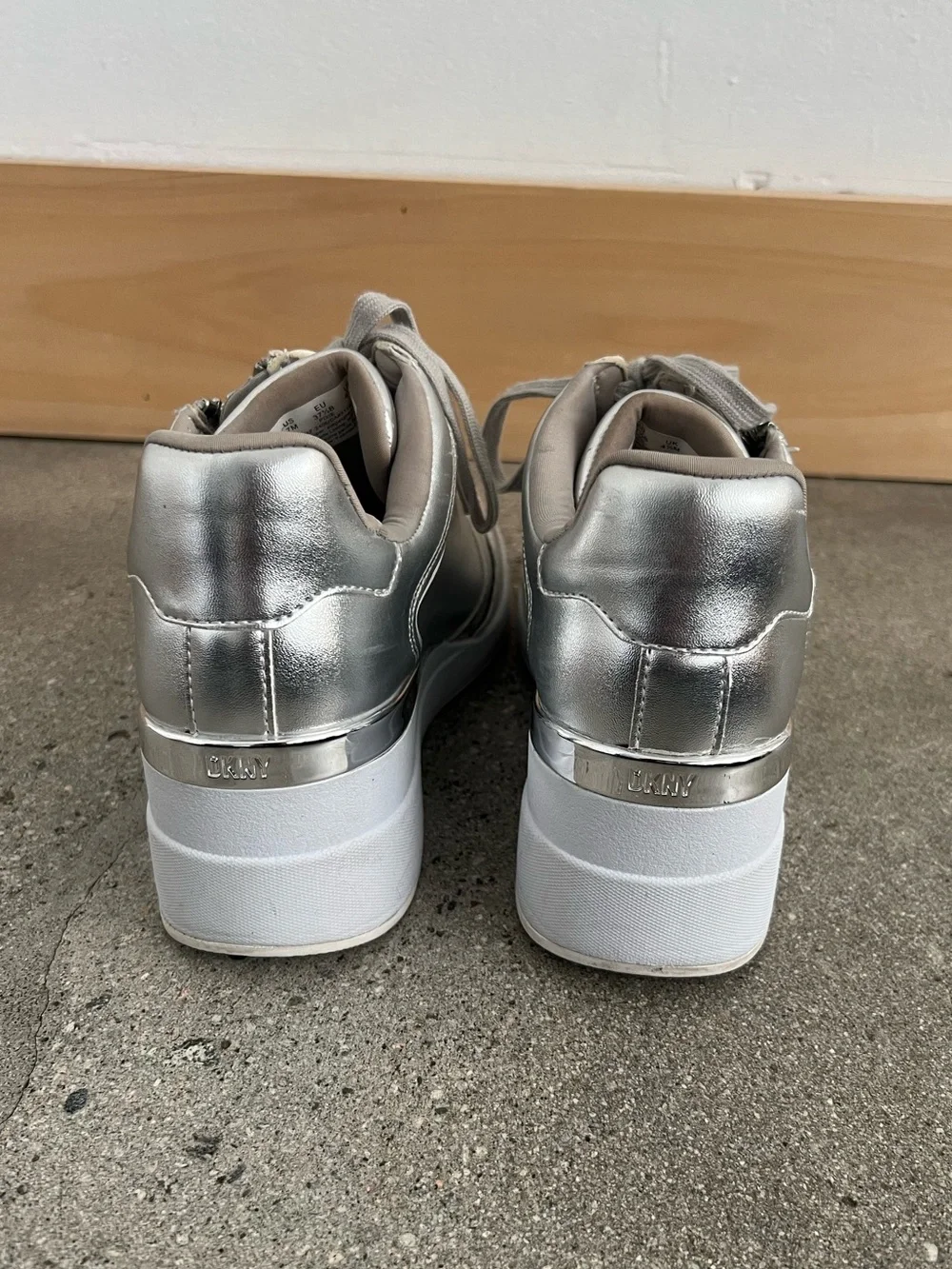 DKNY Metallic Silver Wedge Sneaker - Women